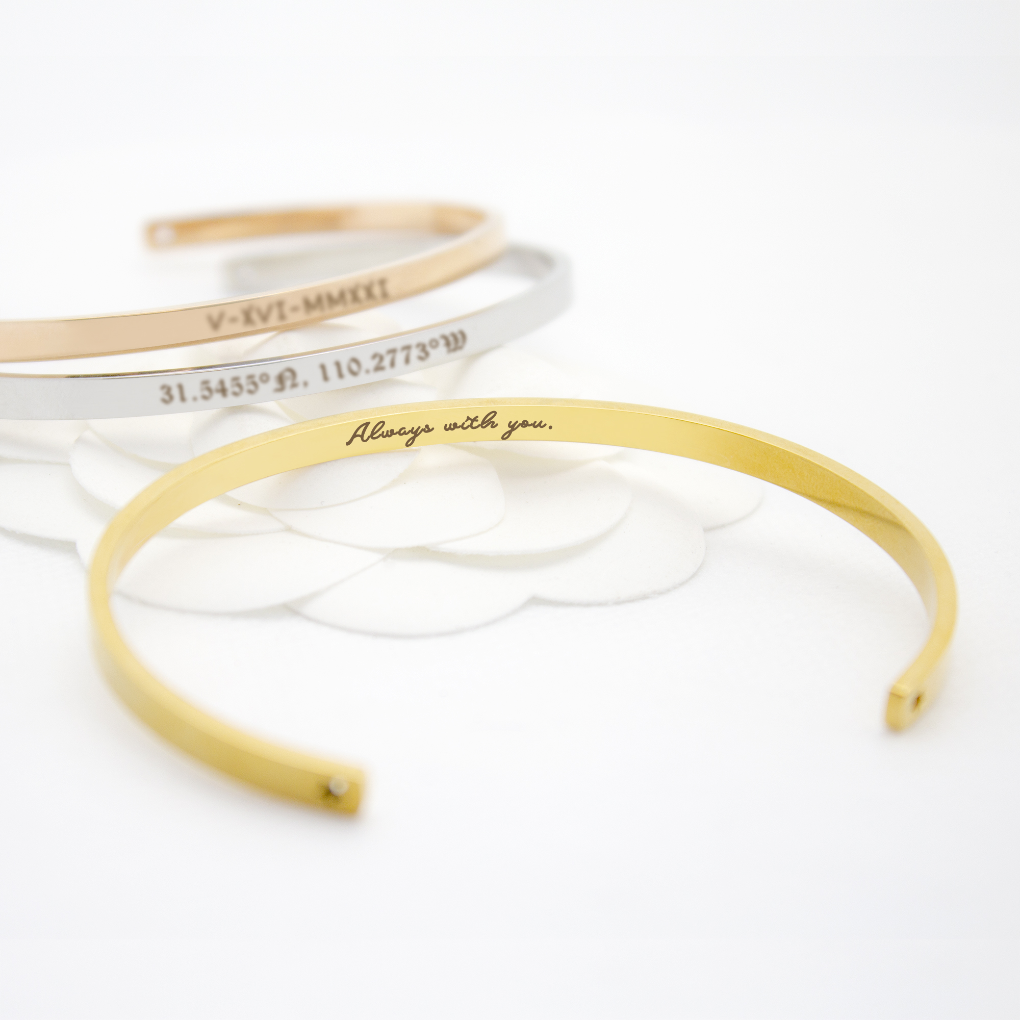 Personalized Gold Stainless Steel Stretchable Cuff Bangle Bracelet - Laser Engraved Dainty Bracelet - Non Tarnish - Stackable Bracelet - Gift for Her Gift Set