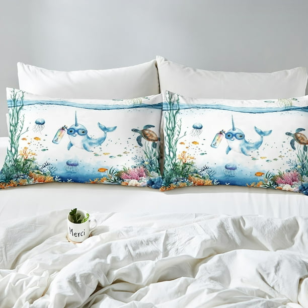 Funny Narwhal Duvet Cover Set Kids Sea Turtle Jellyfish Coastal Queen Bedding Sets Blue Ocean Comforter Cover Cute Fish Coral Seaweed Bed Set Kawaii