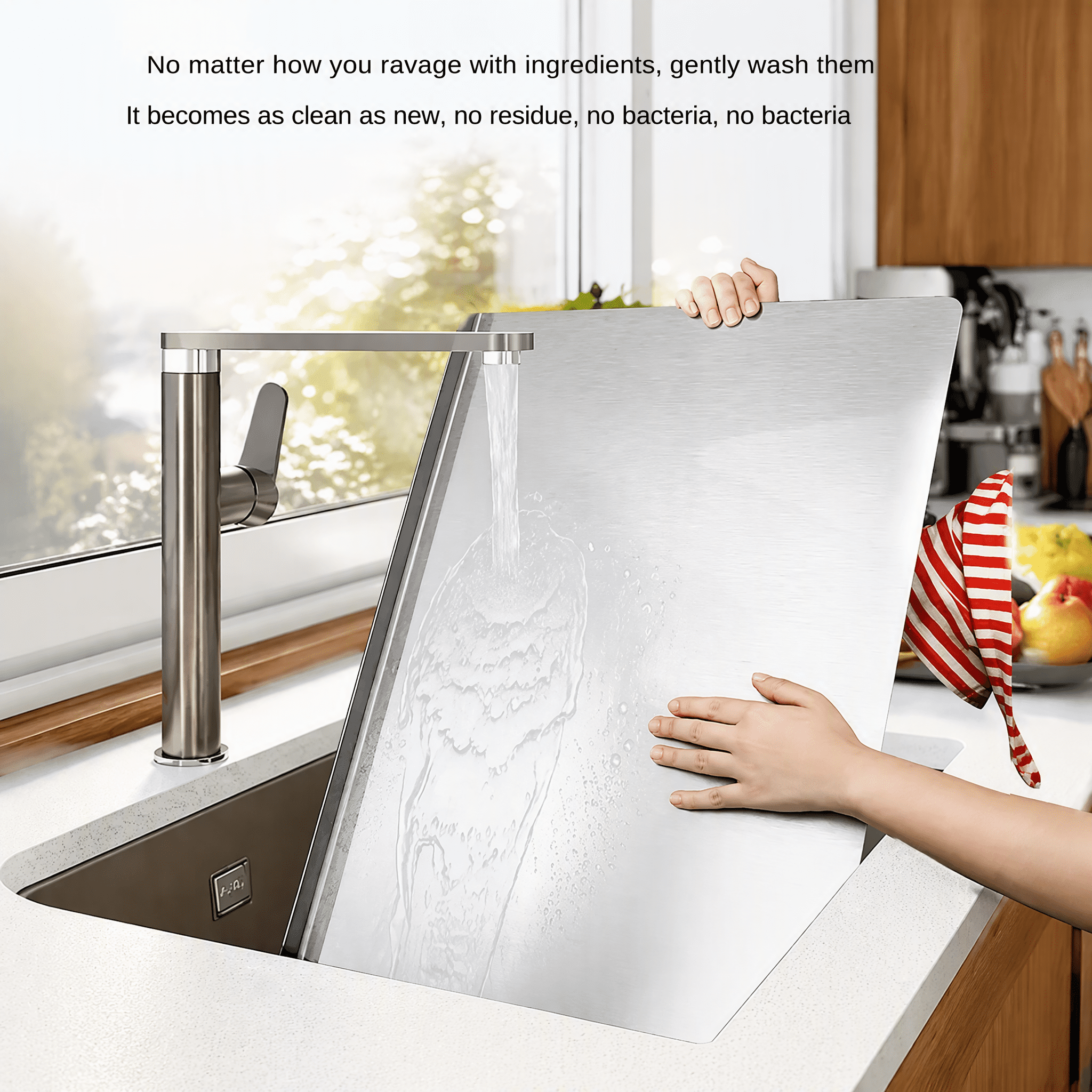 304 Stainless Steel Cutting Board with Folded Lip, 4-Layer Compression, Non-Porous, Easy Clean, Double-Sided Use for Kitchen Food Prep