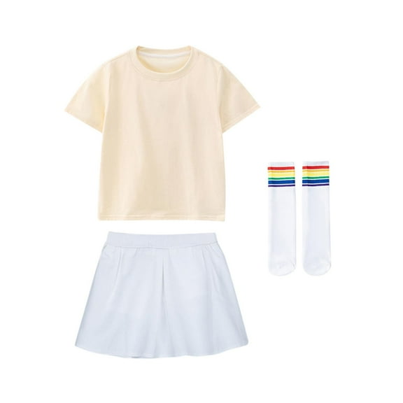 Girls' Loose Casual Solid Color Set Round Neck Short Sleeve T-shirt Elastic Waist Skirt Socks 3-Piece Cheerleading Performance Dress Short
