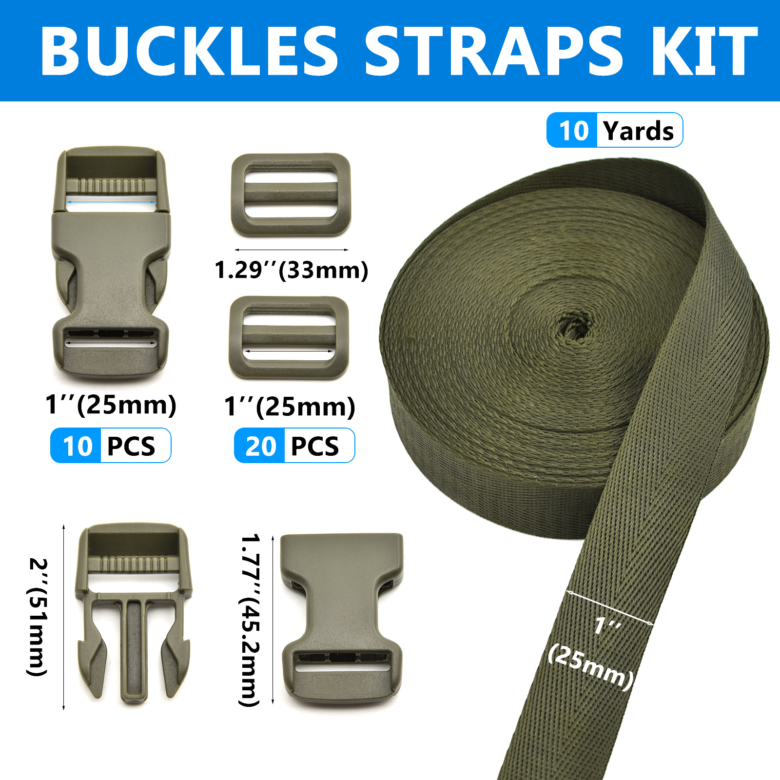 1 inch Buckles Straps Set with 10 Yards Nylon Webbing Strap,10 pcs Quick  Side Release Plastic Buckle, 20 pcs Tri-glide Slide Clip for Luggage Strap,  Backpack Replacement (Army Green) 
