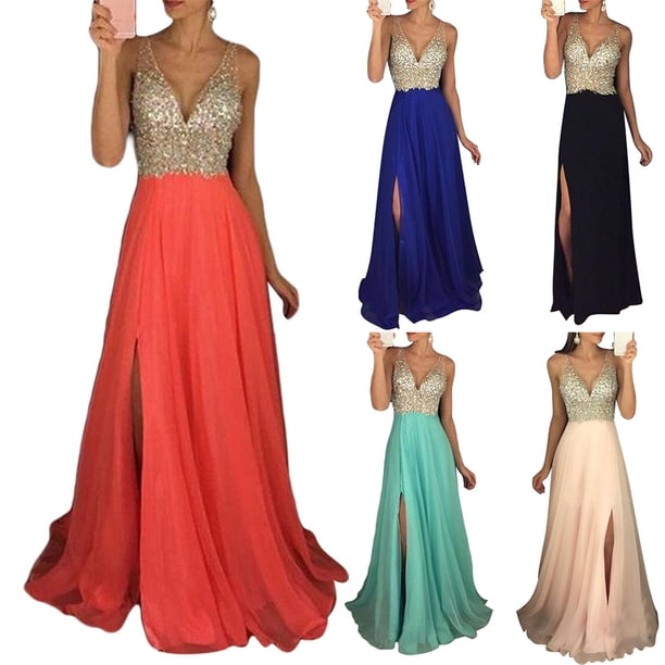 Farfi Fiesta sexy moda mujer sin mangas lentejuelas lentejuelas enr cuello largo falda vestido azul real Farfi Vestido