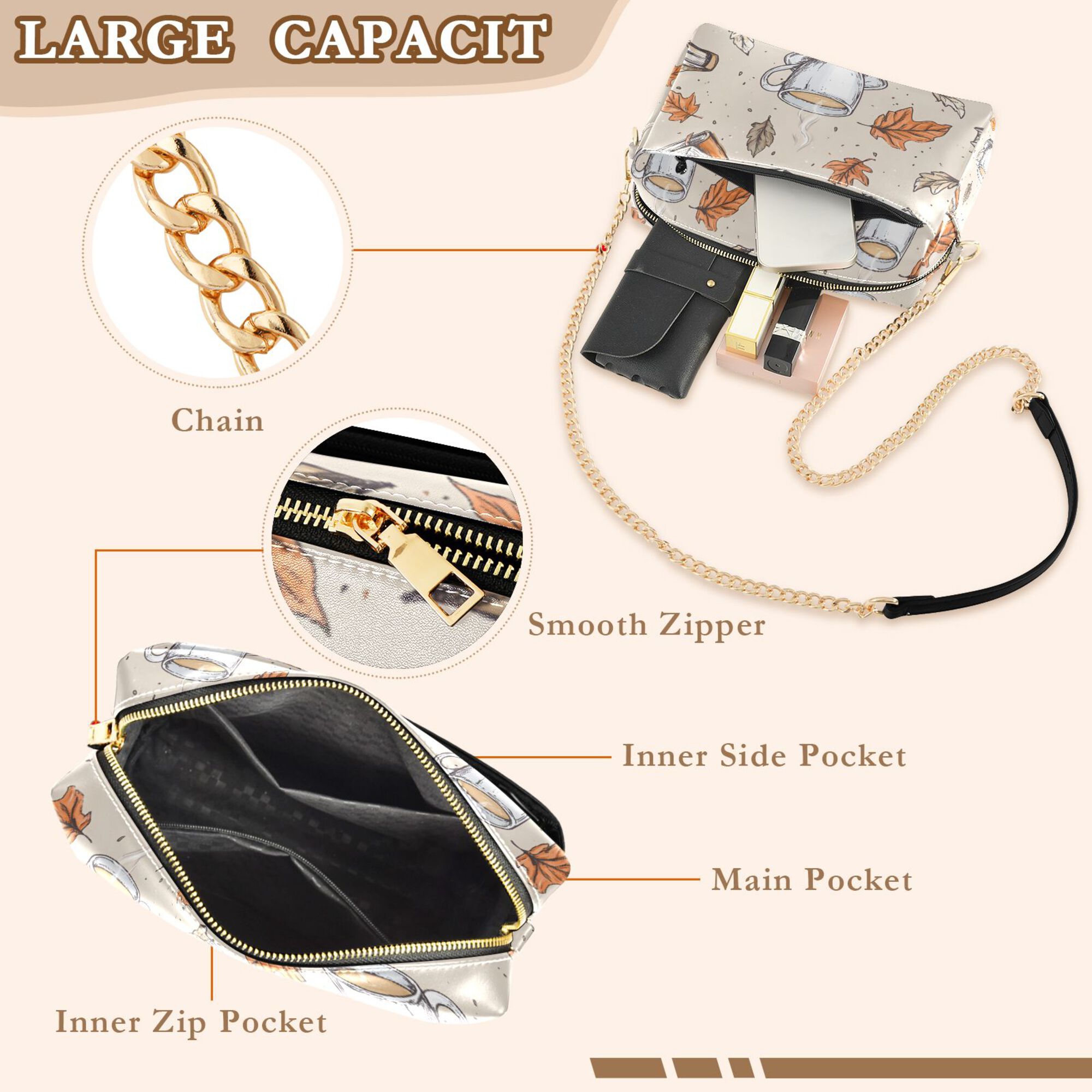 FORMRS Women Crossbody Purse with Chain Strap Vegan Leather Shoulder Handbag, Fall Coffee