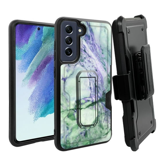 ANJ  Rugged Dual Layer Hybrid Holster Kickstand Case w/ Card Slot   Tempered Glass Cover for Samsung Galaxy S21 FE 5G - Classic Marbling Pattern