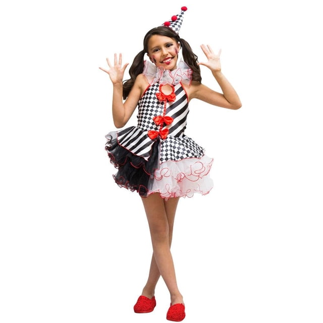 disfraz de payaso arlequín rev talla grande para niña vestido corto de poliéster con falda tutú en patrón ajedrez y rayas, moños rojos frontales, cuello con volantes y gorro cónico a juego sobre fondo blanco; medidas 88 cm alto, 30 cm ancho, 27 cm cintura. Apto para desfiles y eventos festivos.