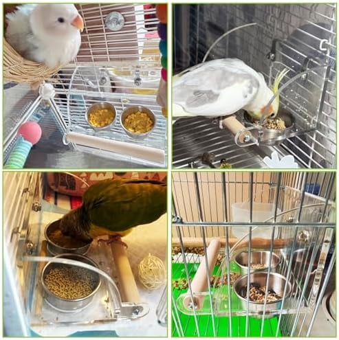Bird Feeder for Cage with Double Stainless Steel Food & Water Bowls Anti-Slip Wood Perch Stand with No Mess Acrylic Seed Catcher for Parrot, Budgie, Parakeet, Lovebird, Canary, Finch (Hook)