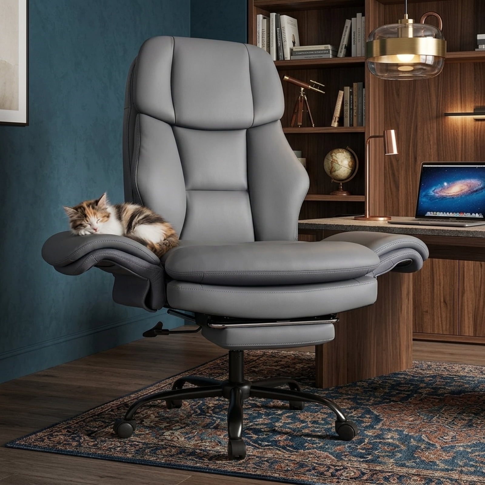 Furnibear Big and Tall Executive Office Chair 500 lbs Ergonomic Cross Legged Computer Chair with Footrest Flip Up Arms and Teddy Fleece, Gray