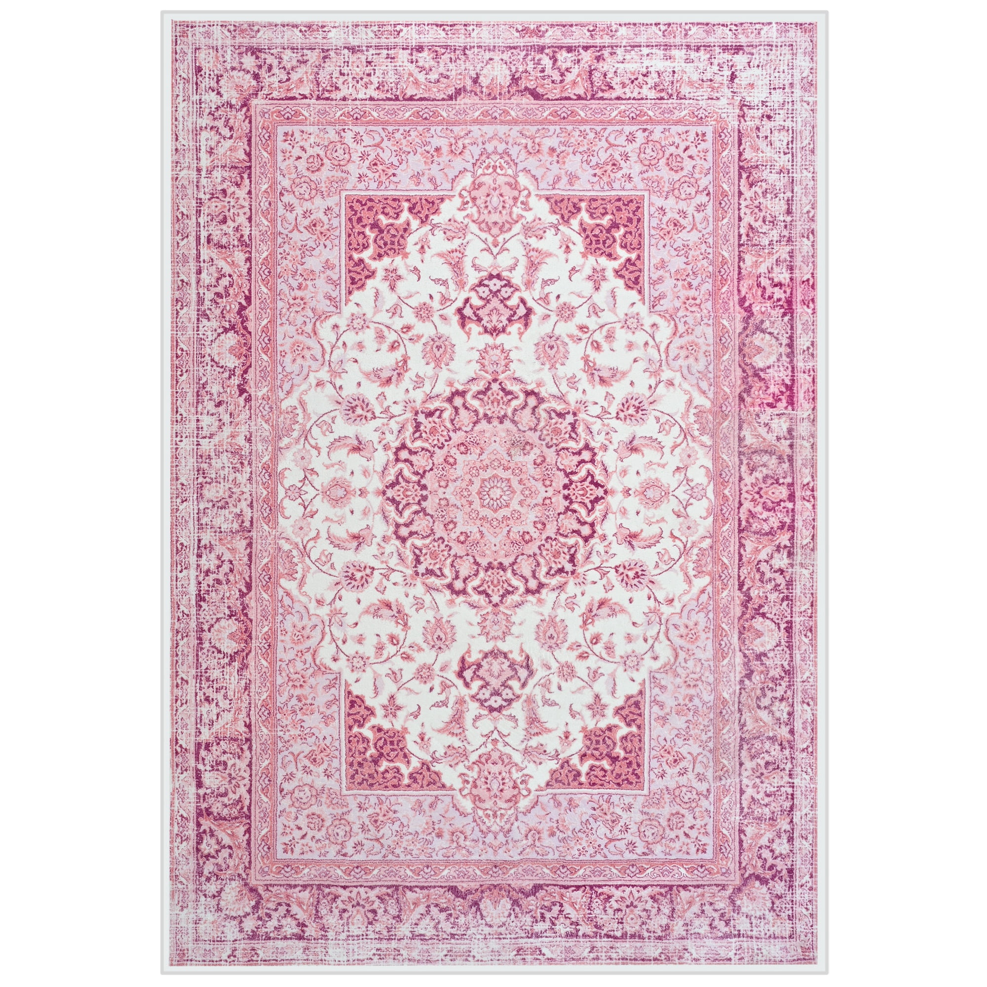 Wondo 6x9 Area Rugs for Living Room, Washable Area Rug, Rugs for Bedroom, Kitchen Rugs, Vintage Boho Carpet, Soft Non-Slip, Low Pile Large Area Rug for Office Dining Room, Pink