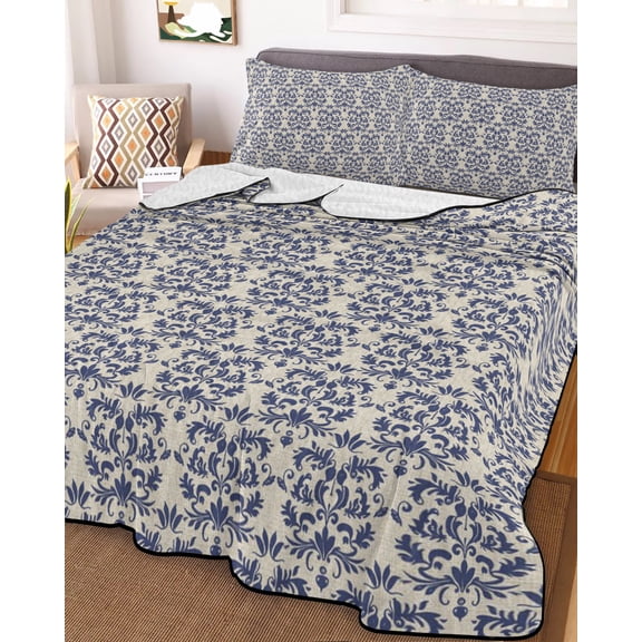 Navy Blue Baroque King Size Down Alternative Comforter, Lightweight Comforter Quilt Bedding Set with Pillow Shams Vintage Abstract Art Pattern All Seasons Bed Comforter Duvet Insert 96"x106"