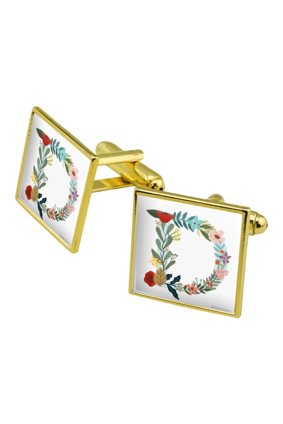 Letter D Floral Monogram Initial Square Cufflink Set - Silver or Gold
