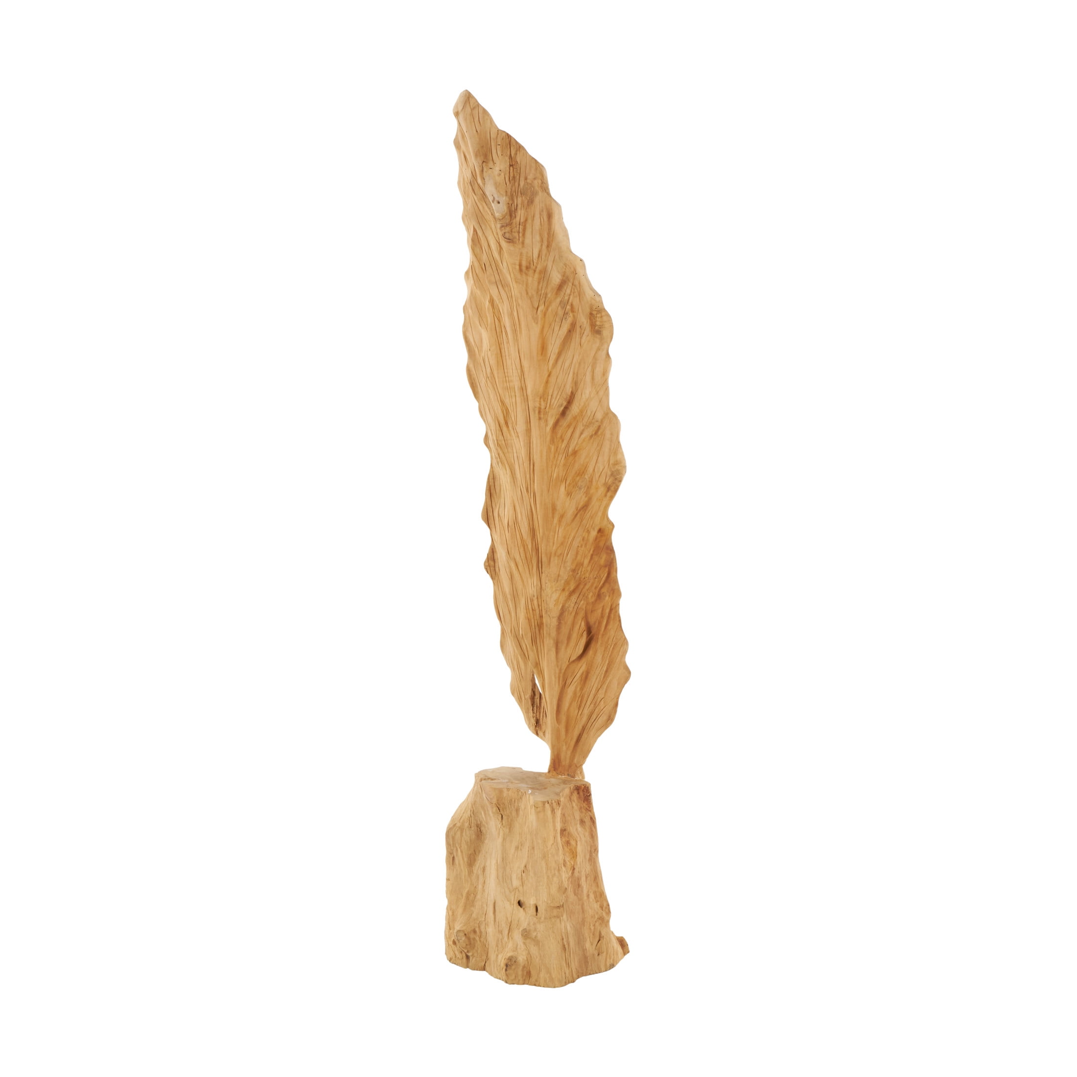 9" x 46" Brown Teak Wood Live Edge Floor Leaf Sculpture with Tree Stump Base, by DecMode