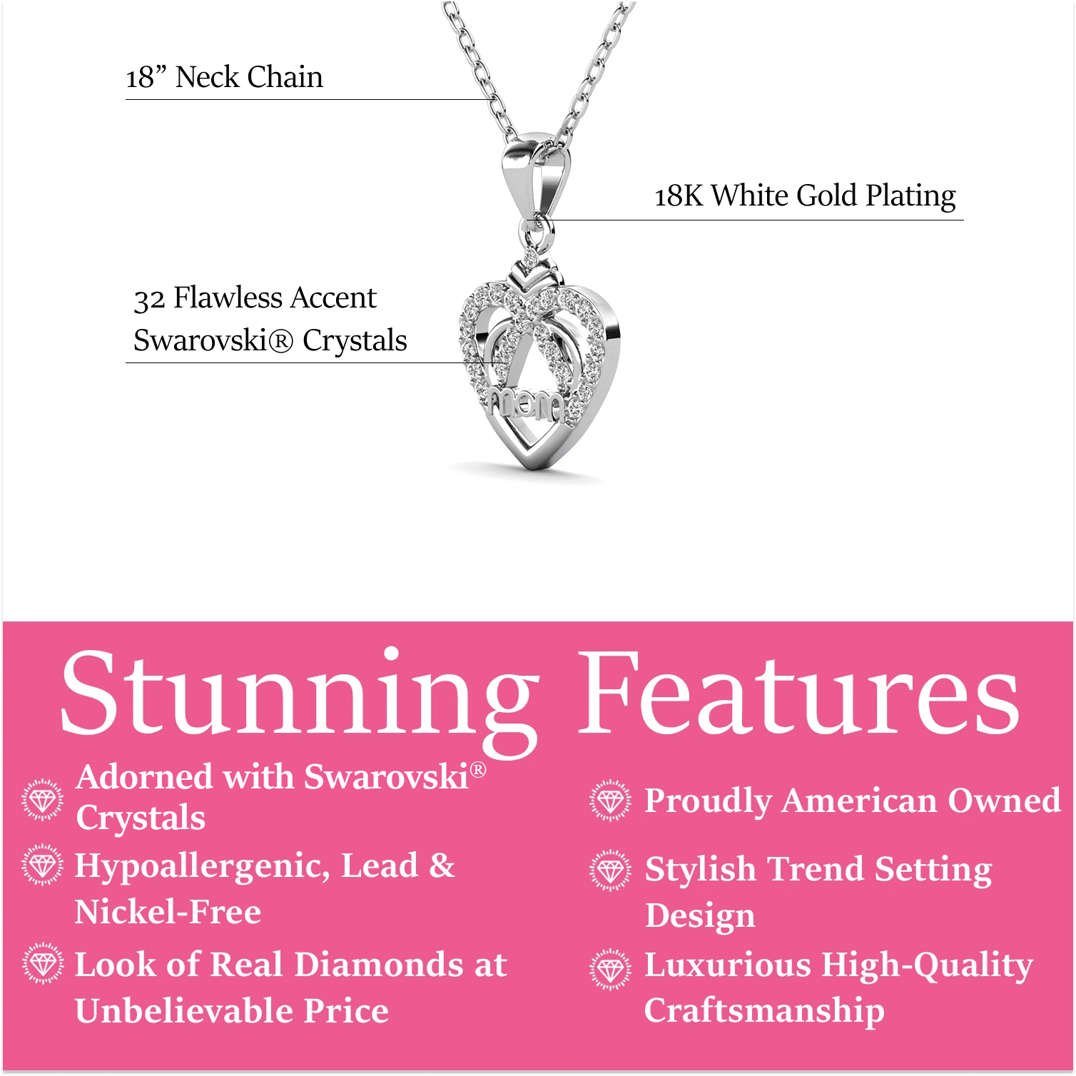 Cate & Chloe Jenna 18k White Gold Plated Necklace with Heartfelt Message Card, Gift for Mom