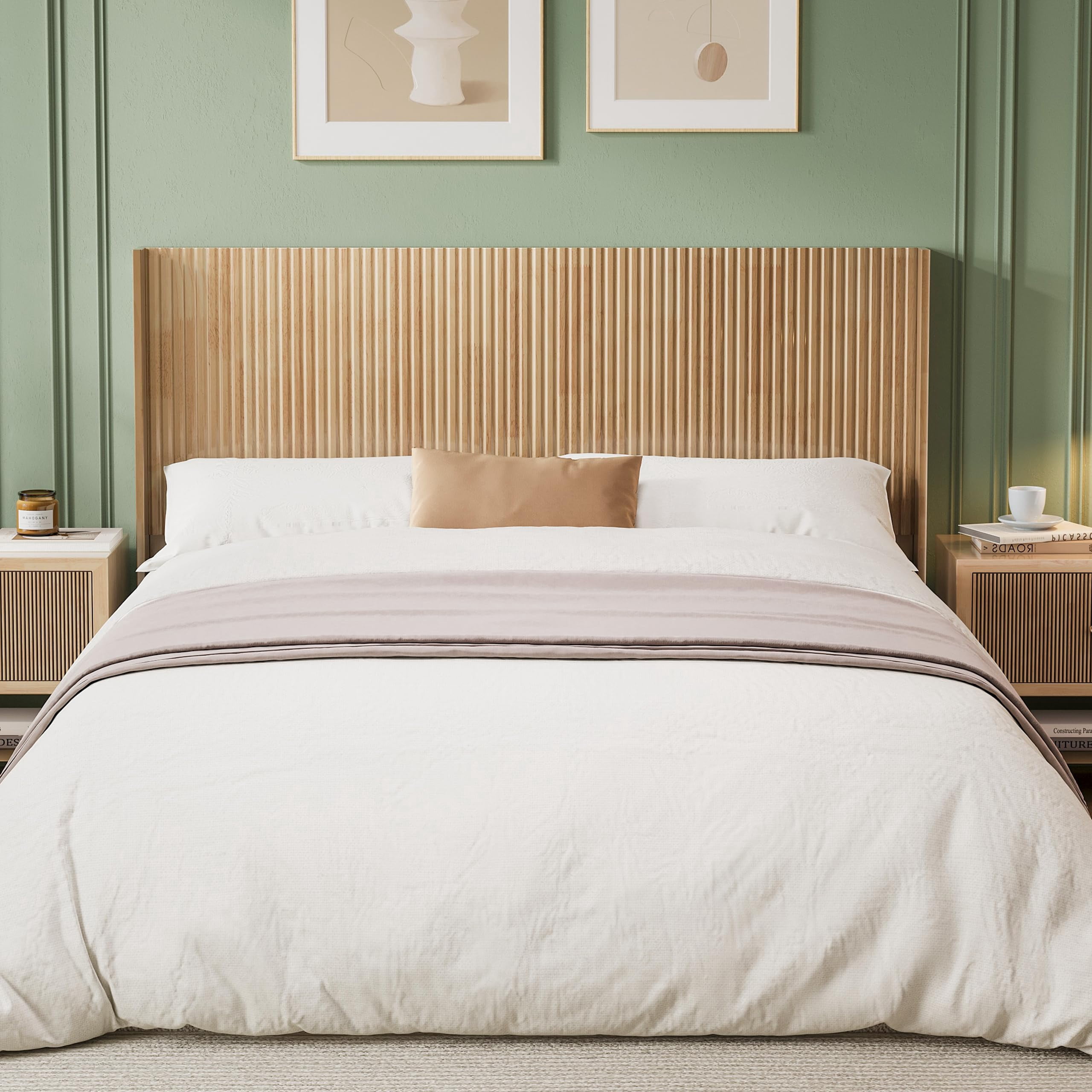 Huatean Home Wood Headboard Queen Size, Modern Farmhouse Wall Mounted Fluted Panel, Wingback Boho Headboards, Natural