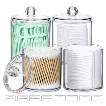 Acrylic Qtip Holder Dispenser for Cotton Swab Ball Round Pads Floss Picks - Clear Plastic Apothecary Jar Set for Bathroom Canister Storage Organization Vanity Makeup Organizer