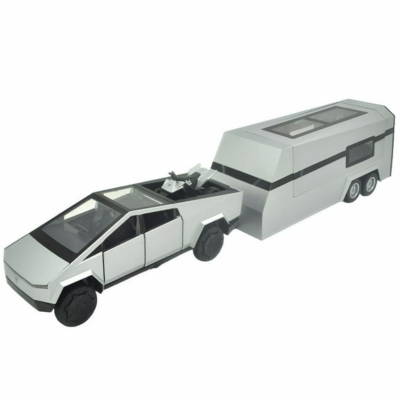 1:32 scale Tesla pickup truck with caravan alloy die-cast model car toy for boys, suitable as a birthday gift for children and for collectors.