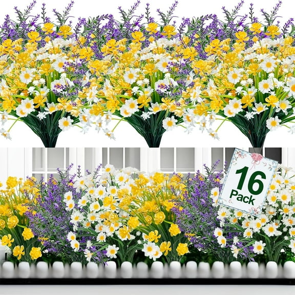 Artificial Flowers, 16 Bundles Fake Flowers for Outdoor UV Resistant Faux Plants No Fade Lavender Daisy Flowers Greenery Shrubs Home Wedding Porch Cemetery Indoor(Purple,Yellow,White)