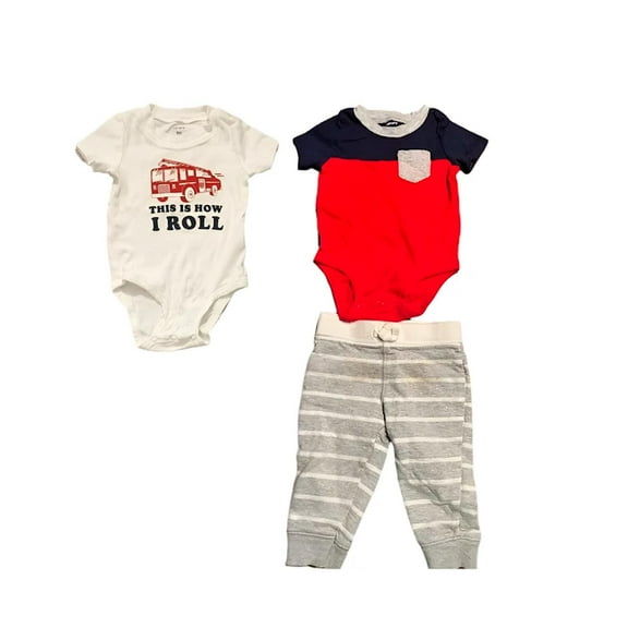 Carter's Baby & Toddler Boy's 3 Piece Short Sleeve Bodysuit & Jogger Pant Set Red, Blue Firetruck 3M