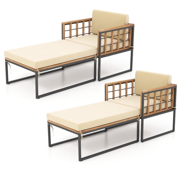 Biotree Outdoor Patio Acacia Wood Armchair Chaise Lounge with Long Ottoman and Cushions on Metal Frame for Garden Backyard Porch and Deck, Brown