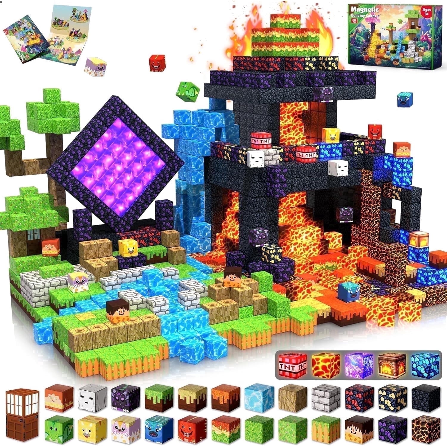 Magnetic Blocks - 300 Pcs with Light Up Blocks Dinosaur Volcano Forest Castle Set - Kids Classroom Toy for Toddlers STEM, Construction Stacking Toy Kids 3+ Birthday Gifts