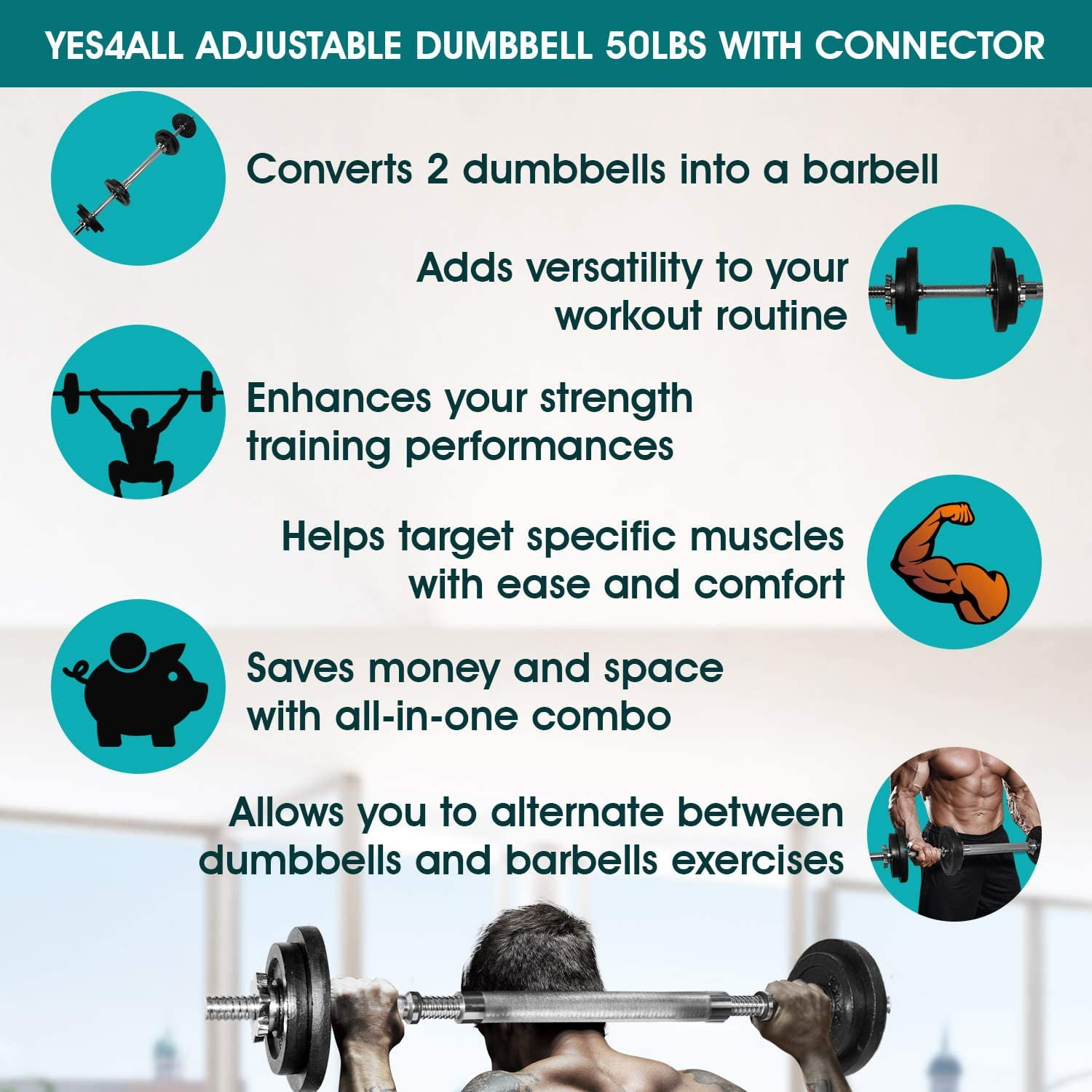 Yes4All 60 lbs Adjustable Dumbbell (30 lbs x 2 pcs) + Dumbbell Bar Connector, Combo/Set