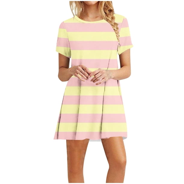 Vestidos de Verano de Mujer Cuello Redondo Manga Corta Impreso, Ligero Y Cómodo Vestidos Casuales para Mujeres