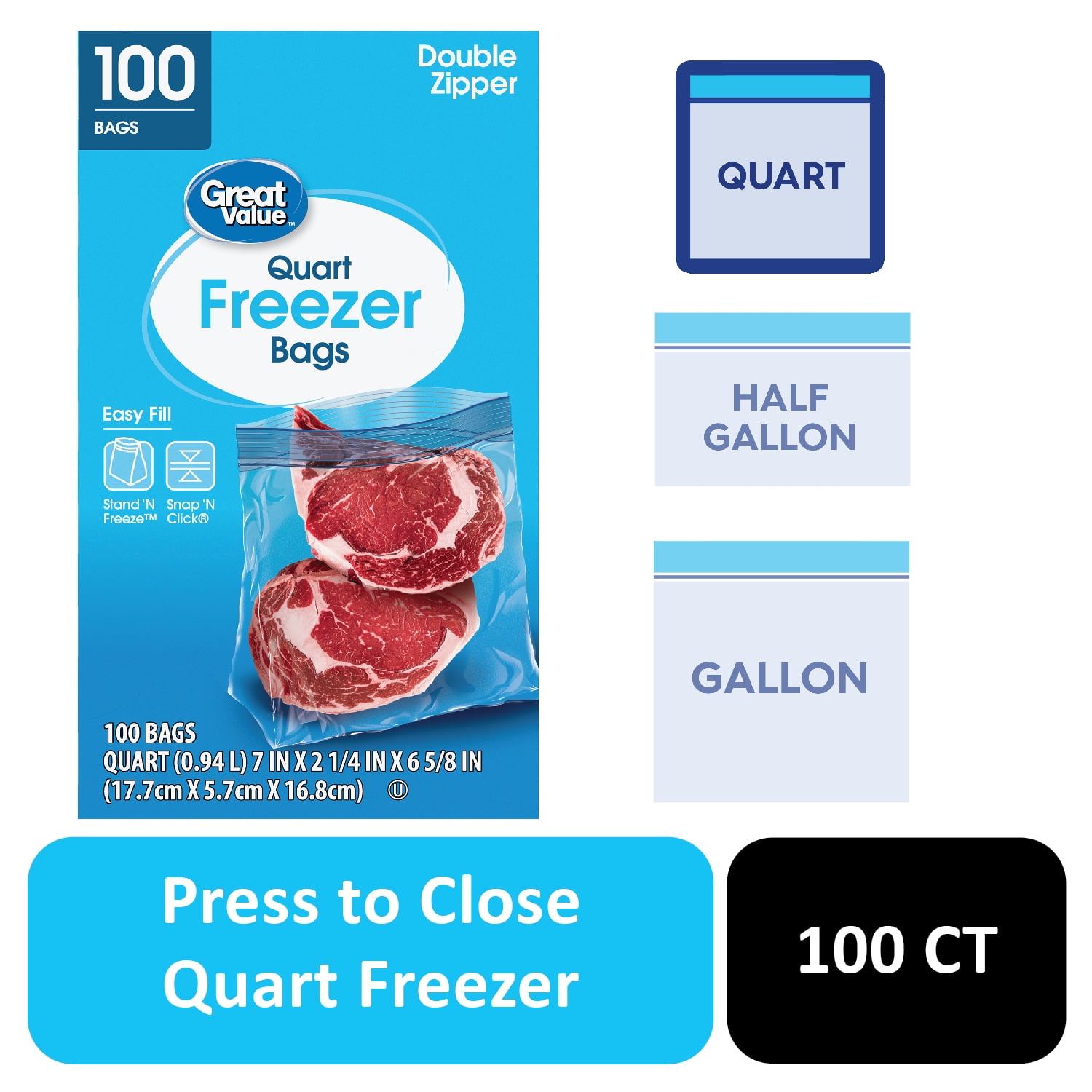 (2 pack) Great Value Freezer Guard Double Zipper Freezer Bags, Quart, 100 Count