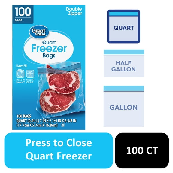 Great Value Freezer Guard Double Zipper Freezer Bags, Quart, 100 Count