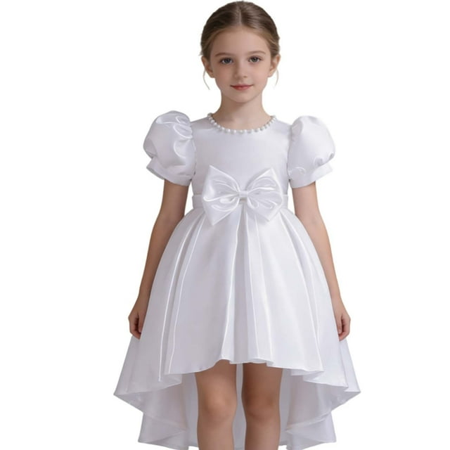HXWCHs Robe en Denim Élégante en Satin Dos Nu Robe de Concours pour Filles Performance sur Scène et Blanc 4-5 Ans