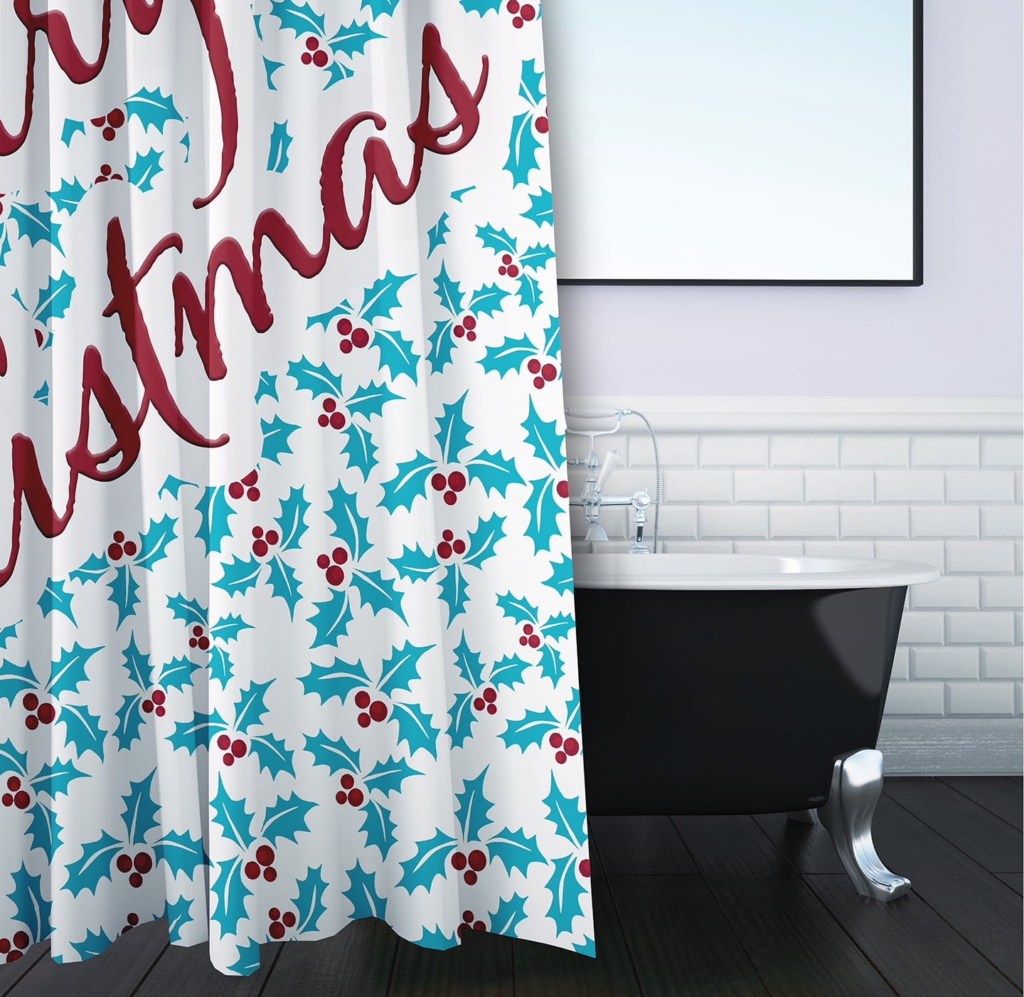 Simply Daisy 70" W x 73" L Merry Christmas with Holly Polyester Shower Curtain, Turquoise [1 Ct]