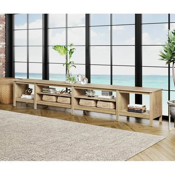 Fitueyes 118" Mid-Century Modern TV Stand for 85-100" TVs, Home Entertainment Center with Open Shelves for Living Room, Oak