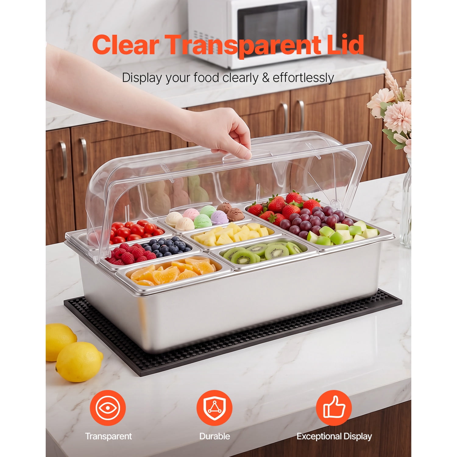 KFFKFF Countertop Food Serving Display Container, Stainless Steel Salad Server Tray, Buffet Condiment Holder, Ice-Cooled Rack with Clear Roll-Top Lid, Suitable for Restaurants (1x1/3+6x1/9 Pan)