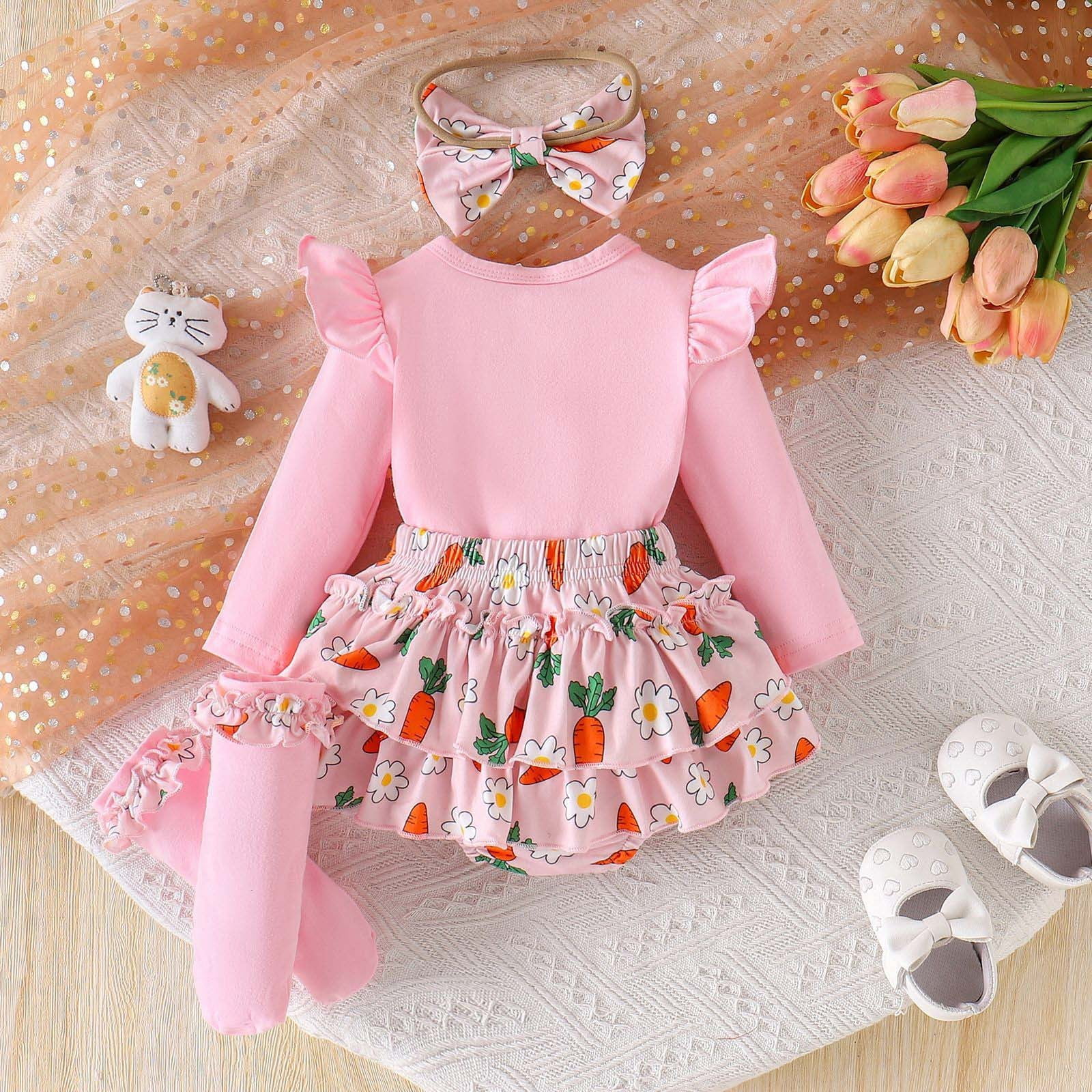 Jamsmile Newborn Girls Outfits Sets 1st Easter Day Bunny Print Romper With Floral Headband 3pcs Baby Girls Princess Outfits