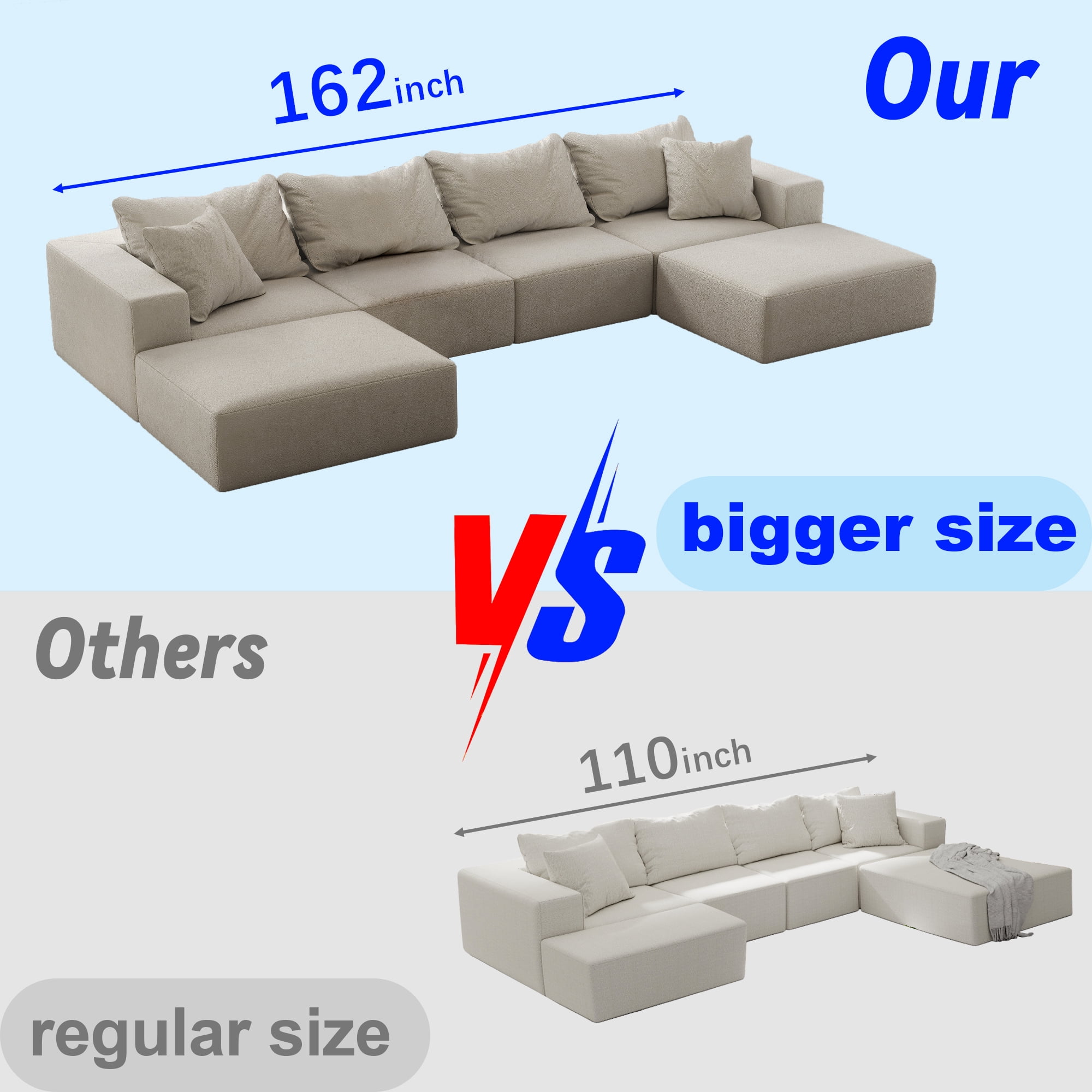 Vinform 162" Modern Upholstered Sectional Sofa with 6 Pillows, Free Combination Sectional Sofa Set for Living Room, Beige