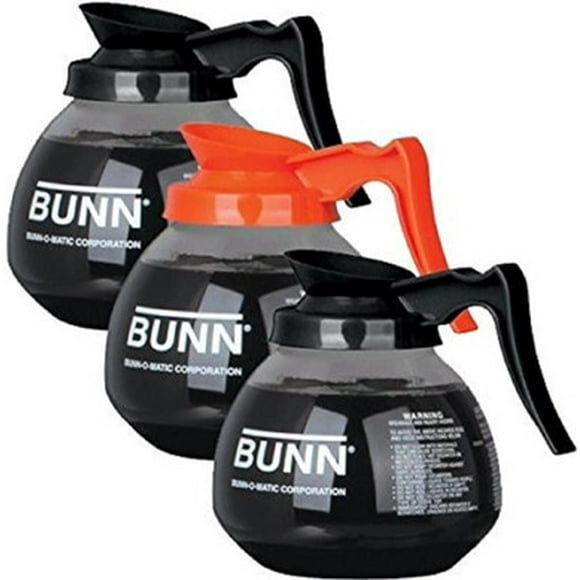 BUNN Décanteur/carafe en Verre Régulier et Décaf, 12 Tasses, 2 Noires et 1 Orange, Lot de 3