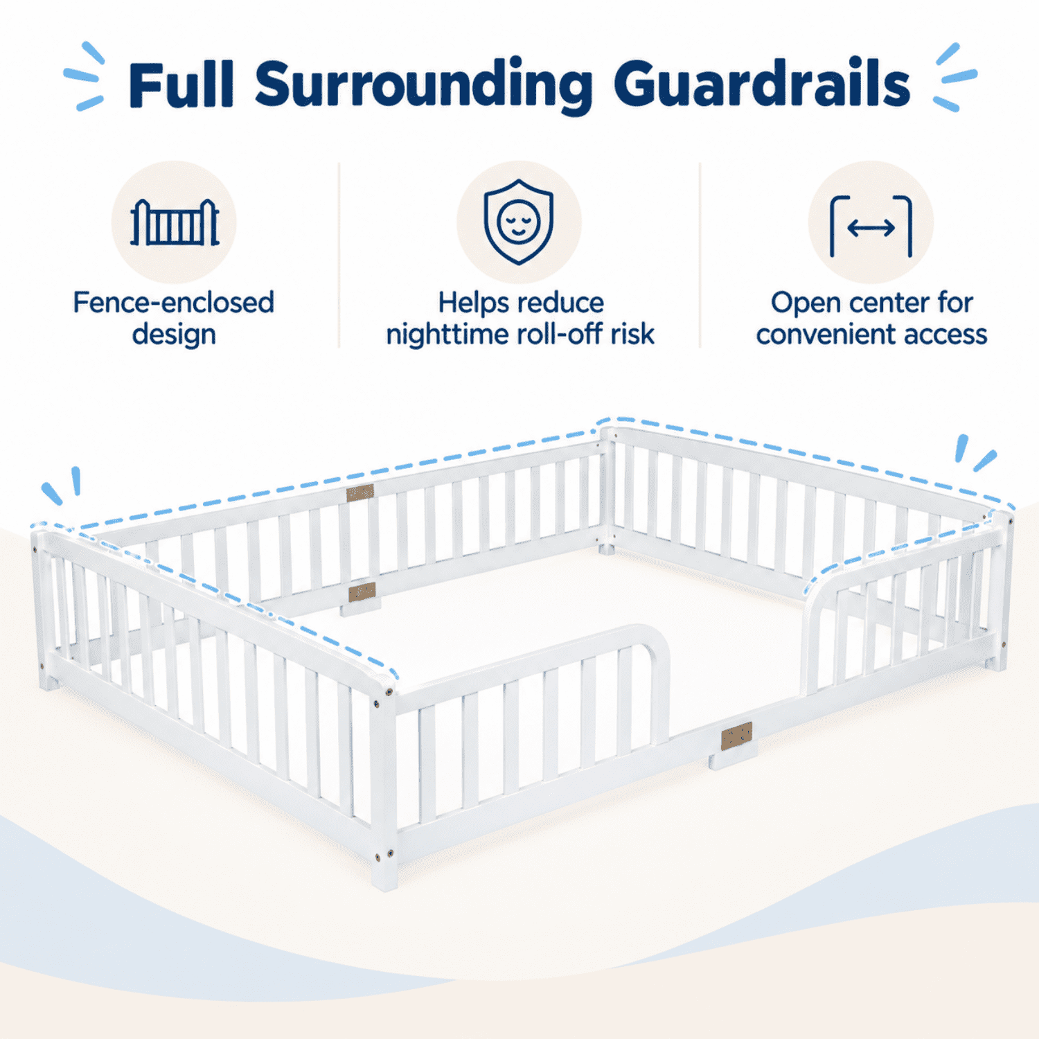 Miniyam Queen Size Kids Floor Bed with Guardrails, Low-to-Ground Montessori Wood Bed, White