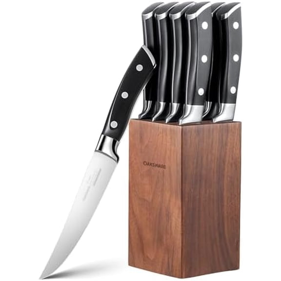 Steak Knives Set of 8, 5 Inch Non Serrated Steak Knife with Walnut Block, Razor-Sharp German Stainless Steel Dinner Knives, Durable Full Tang Forged Straight Edge Meat Knife for Home Dining&Gift