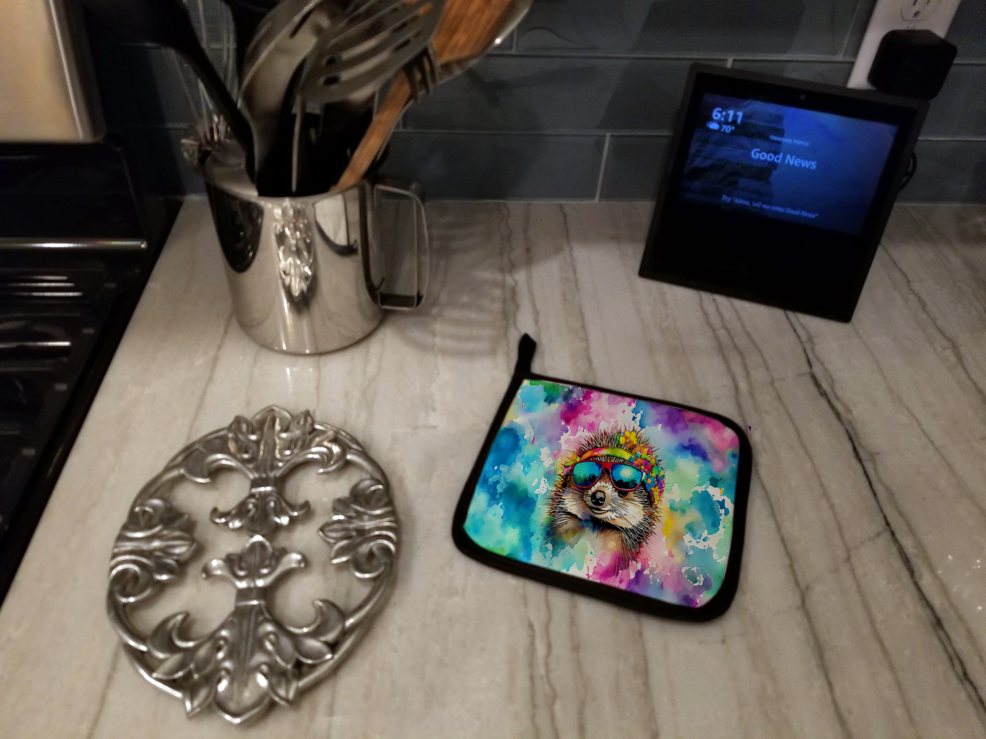 Carolines Treasures DAC3992PTHD 7.5 x 7.5 in. Unisex Hippie Animal Hedgehog Pair of Pot Holders