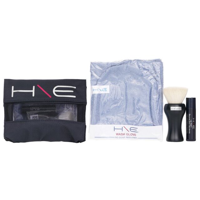 Kit H\ E Minerals: bálsamo labial SPF 15, cepillo facial, guante de lavado y bolsa