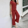 thumbnail image 6 of Women's Ribbed Sets Short Sleeve 4 Buttons T-Shirts with Capri Wide Leg Pants Casual Loose Summer Solid Trendy 2 Piece Outfits Red,L, 6 of 7