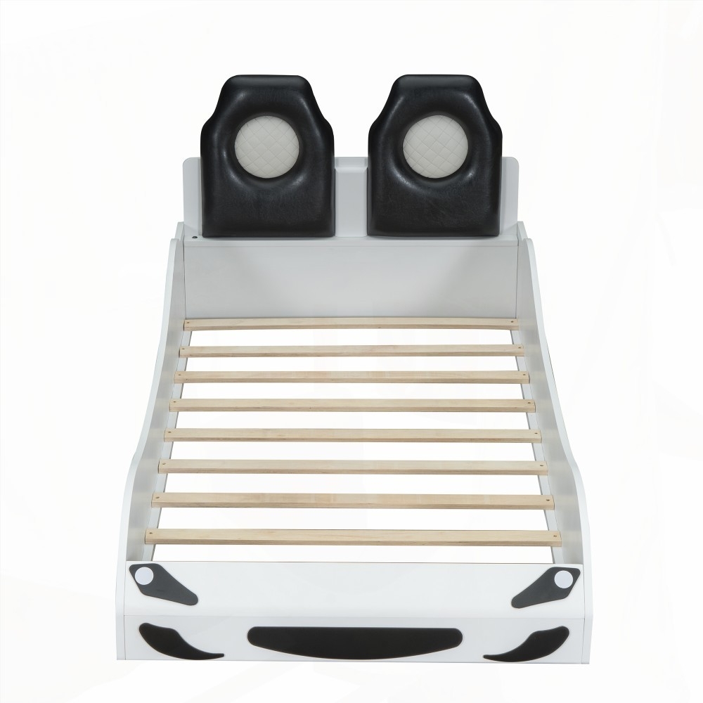 [Comfortable & Safe] Restonic Wood Twin Size Race Car Bed with LED & Upholstered Backrest