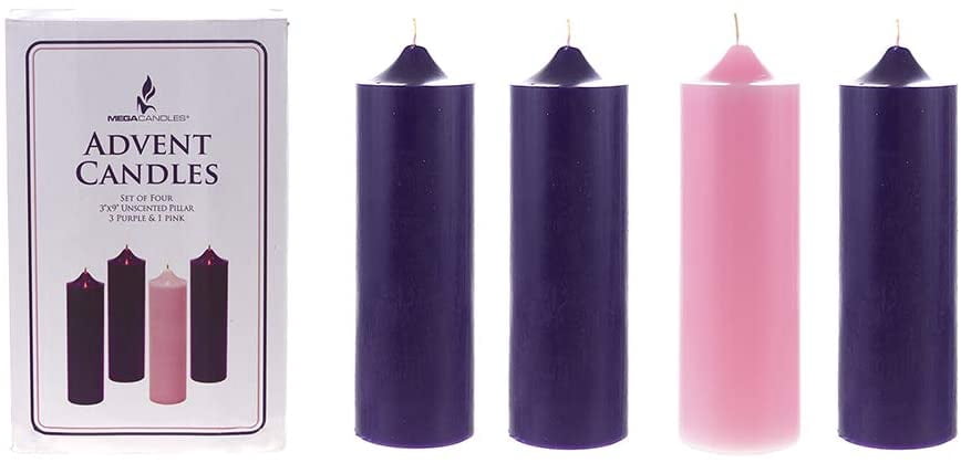 Mega Candles 4 pcs Unscented Christmas Advent Bell Top Pillar Candles, Hand Poured Wax Candles 3 Inch x 9 Inch, Holidays, Church, Decorations, Devotional, Celebration, Party & More