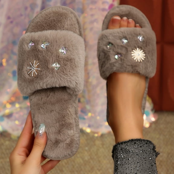 ATENAR Womens Slippers Slide Fleece Shoes Women Wide House Slipper Khaki 7.5-8.5