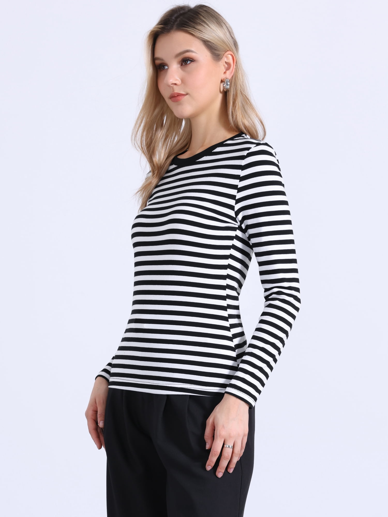DARING DIVA Women's Striped Long Sleeve Cotton Crew Neck Fitted Tees L Black White Stripe