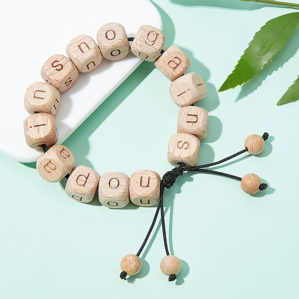 208pcs 10mm Alphabet Wooden Beads Natural Wood Color Square Letters Wooden Beads Wooden Loose Beads with Initial Letter for DIY Crafts - LowercaseDIY