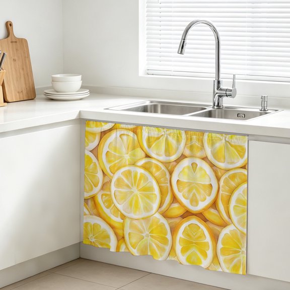 Summer Watercolor Cabinet Curtain, Lemon Slice Sink Skirt for Bathroom, Under Sink shelf Curtain Privacy Drape for Kitchen Laundry Room 10x11in