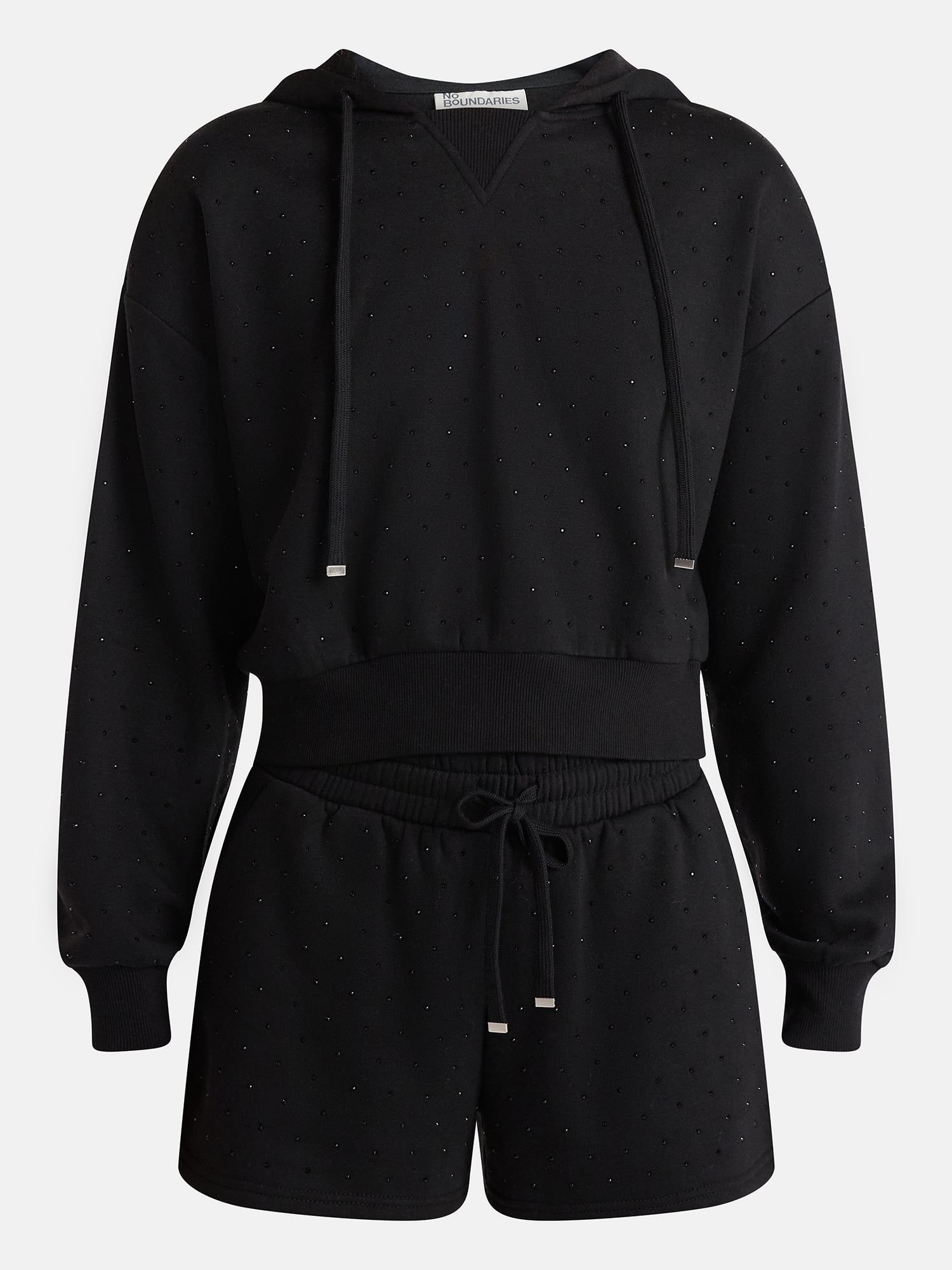 No Boundaries Faux Rhinestone Cropped Hoodie and Shorts Set, 2-Piece, Women’s