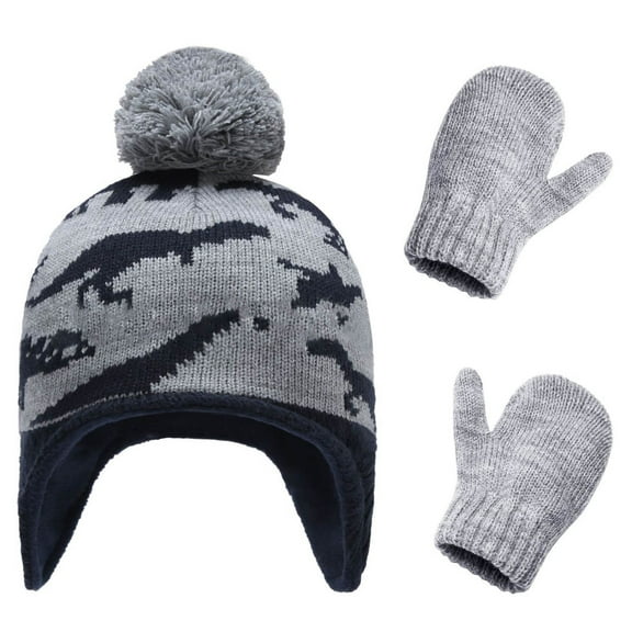 Childrens Winter Hats with Ear Flaps Gloves Set, Warm Hat Knit Gloves Set for Ages 4-6 Years Boys Girls
