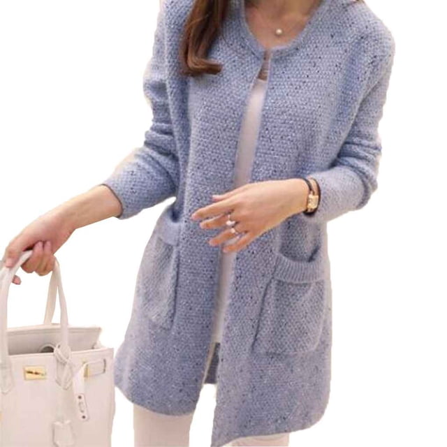 Mujeres primavera / otoño suéter de longitud media cárdigan de manga larga coreano bolsillo delgado suéter de punto suelto abrigo Vogacara FS6514-06