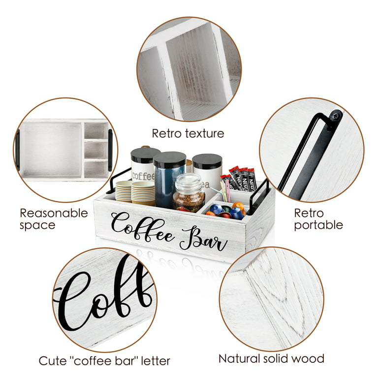  Coffee Bar Accessories Organizer Countertop, Wood Coffee  Station Organizer with Handle, K Cup Storage Basket Coffee Pod Holders with  Drawer, Farmhouse Coffee Condiment Organizer for Coffee Bar Decor : Home 