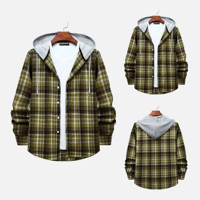 DPTALR Men's And Winter Long Sleeve Solid Color Shirt Top Plaid Hooded Shirt